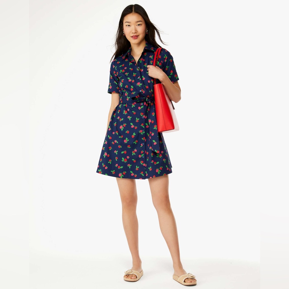 Kate Spade Stretch Cotton Tossed Strawberry Shirtdress in French Navy Size Small